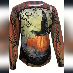 Womens‎ Pumpkin Witch Hat Fall Halloween Holiday Long Sleeve T-Shirt Small